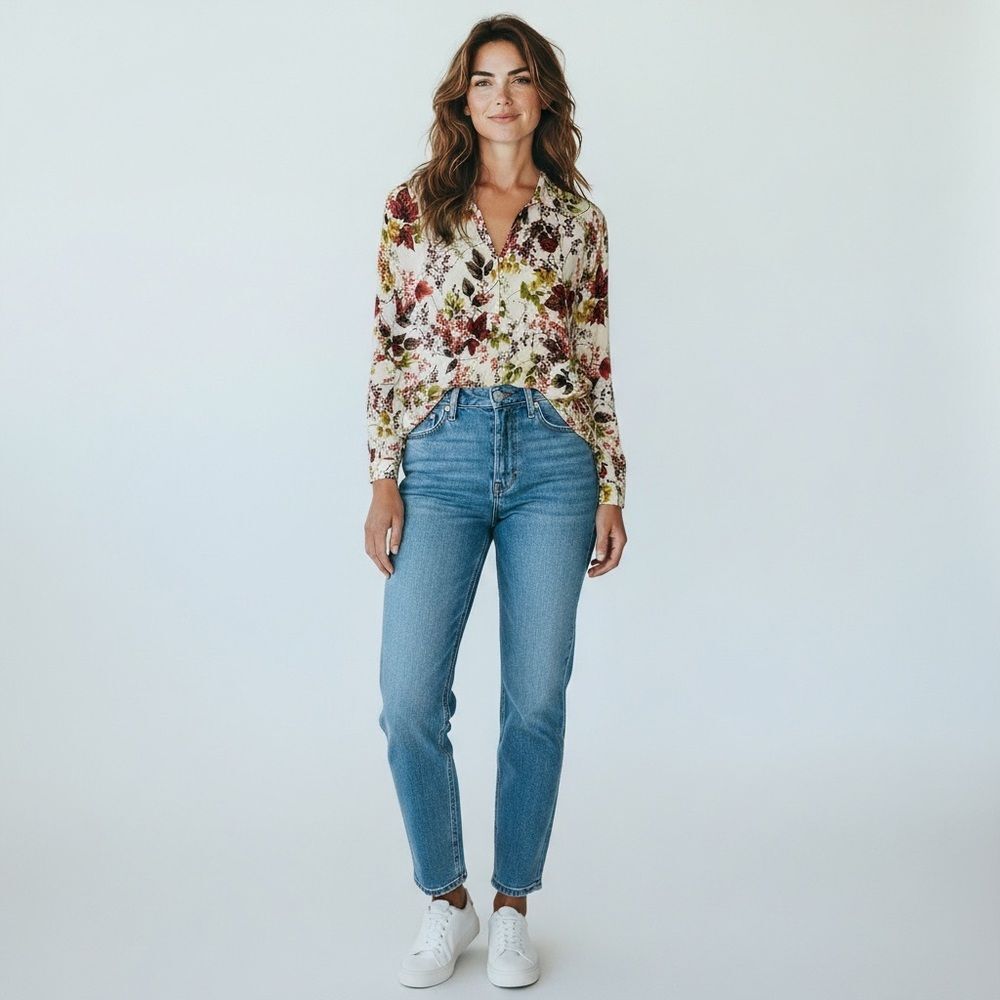 J. Jill Floral Button Down Blouse 100% Rayon Long Sleeve Cream Red Green